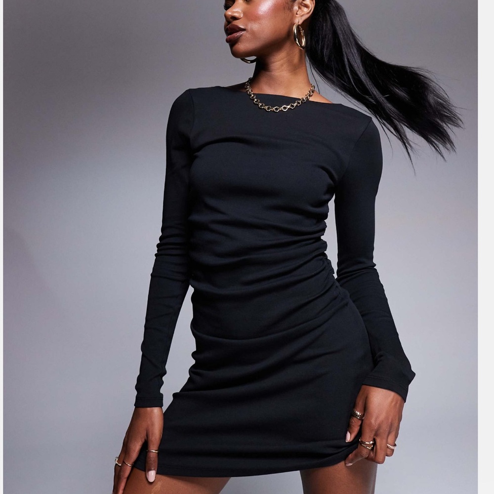 ASOS DESIGN long sleeve ruched side mini dress in black sz 10 bodycon open back